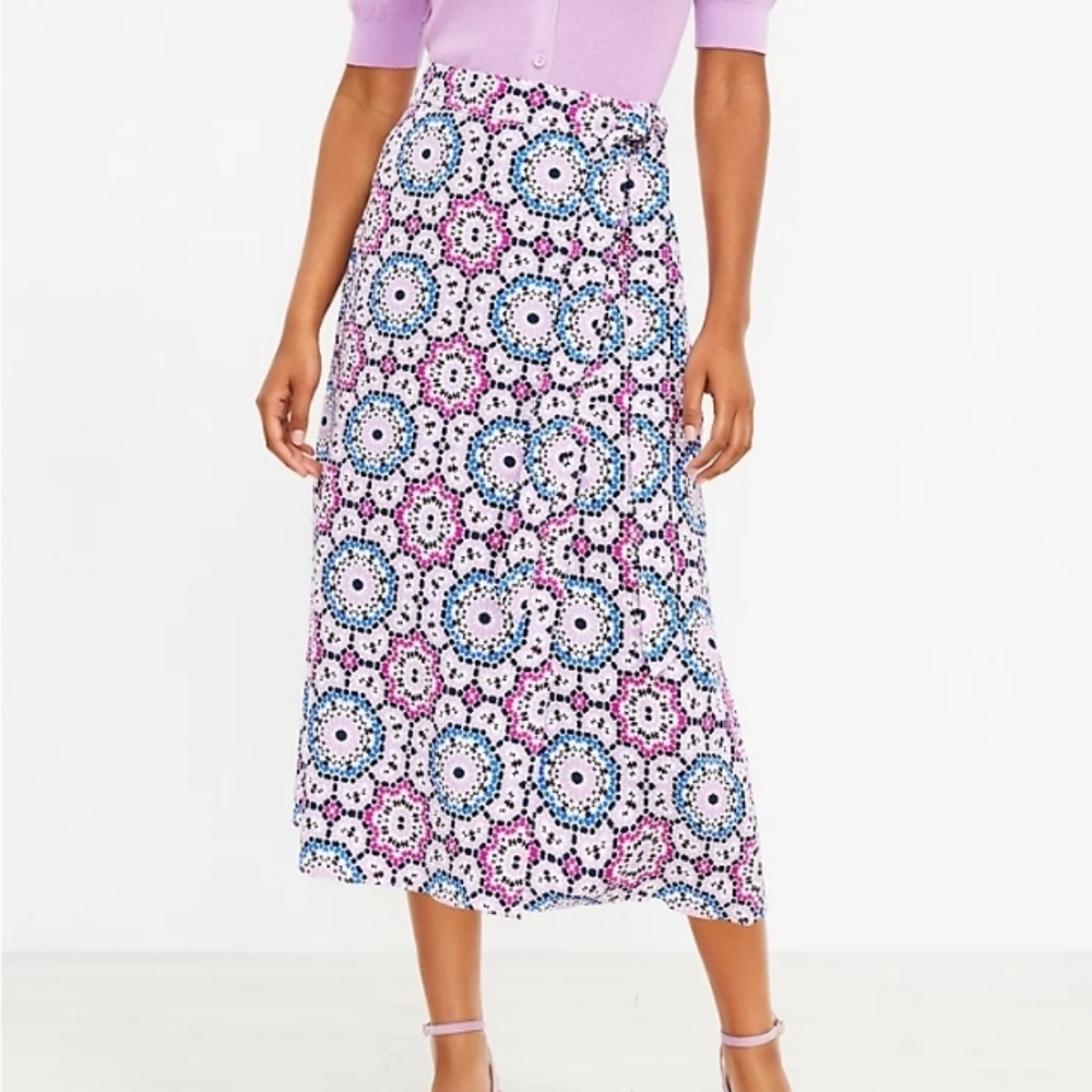 LOFT MOSAIC MIDI WRAP SKIRT Linen sz 4 Sweet Violet NWOT Boho Cottagecore